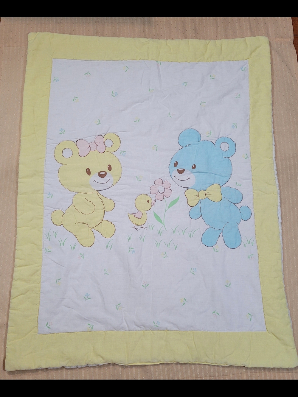 Vintage 1980s Handmade Baby Quilt, Pastel Kitschy Teddy Bears & Duckling